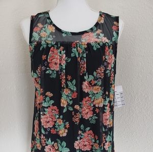 Sleeveless Sheer Yoke Floral Mesh Overlay Top Blac